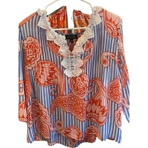 Melissa Paige Petite Blouse Top Paisley Print Blue Orange Womens